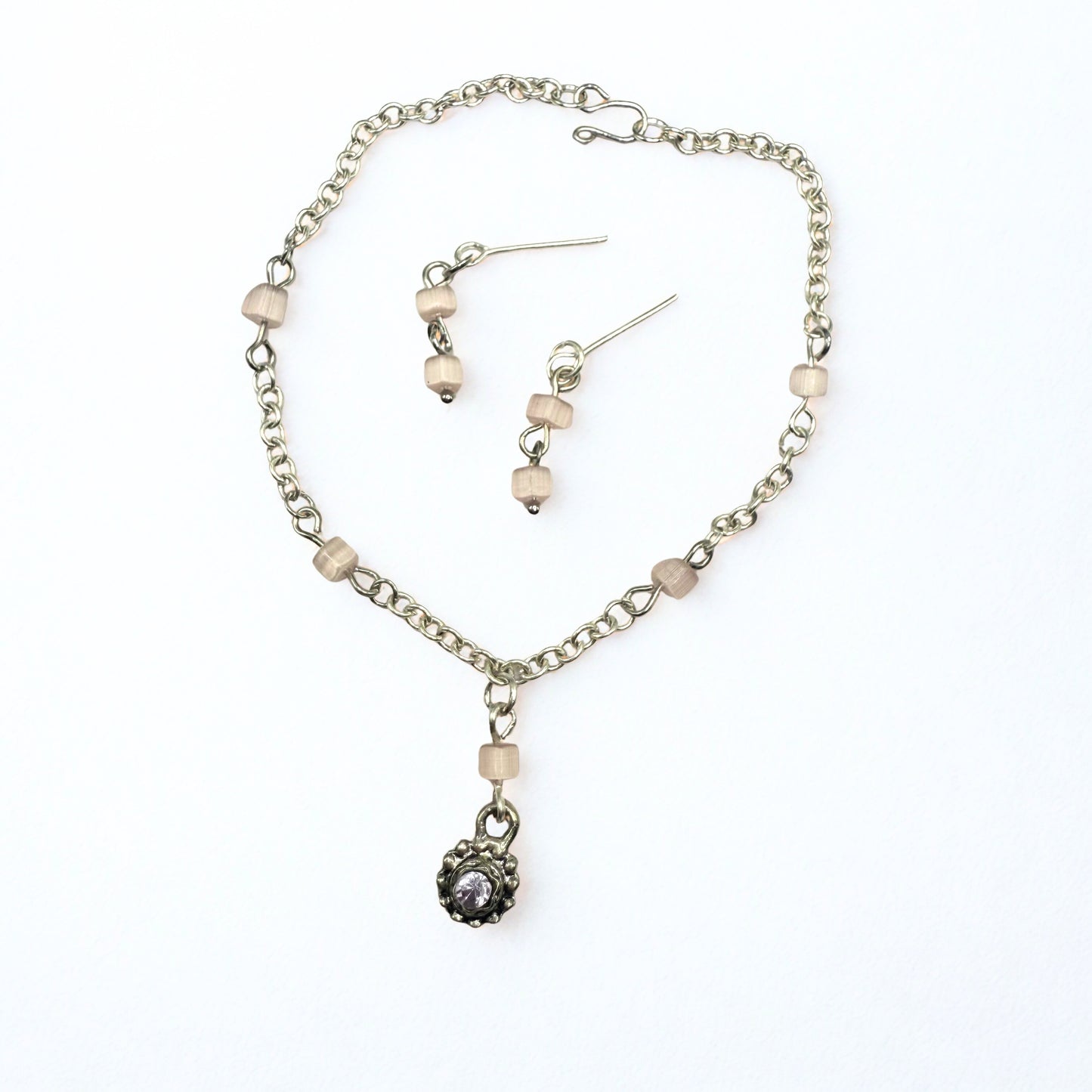 Light Pink Glass Bead Silver Chain Doll Necklace & Earrings • 18 Inch Fashion Doll Jewelry