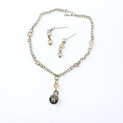 Light Pink Glass Bead Silver Chain Doll Necklace & Earrings • 18 Inch Fashion Doll Jewelry