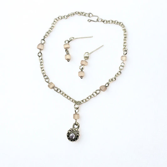 Light Pink Glass Bead Silver Chain Doll Necklace & Earrings • 18 Inch Fashion Doll Jewelry