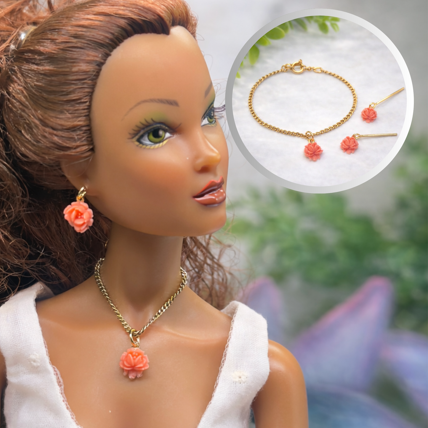 Coral Acrylic Rose Flower Charm Gold Chain Doll Necklace & Earrings • 16 Inch Fashion Doll Jewelry