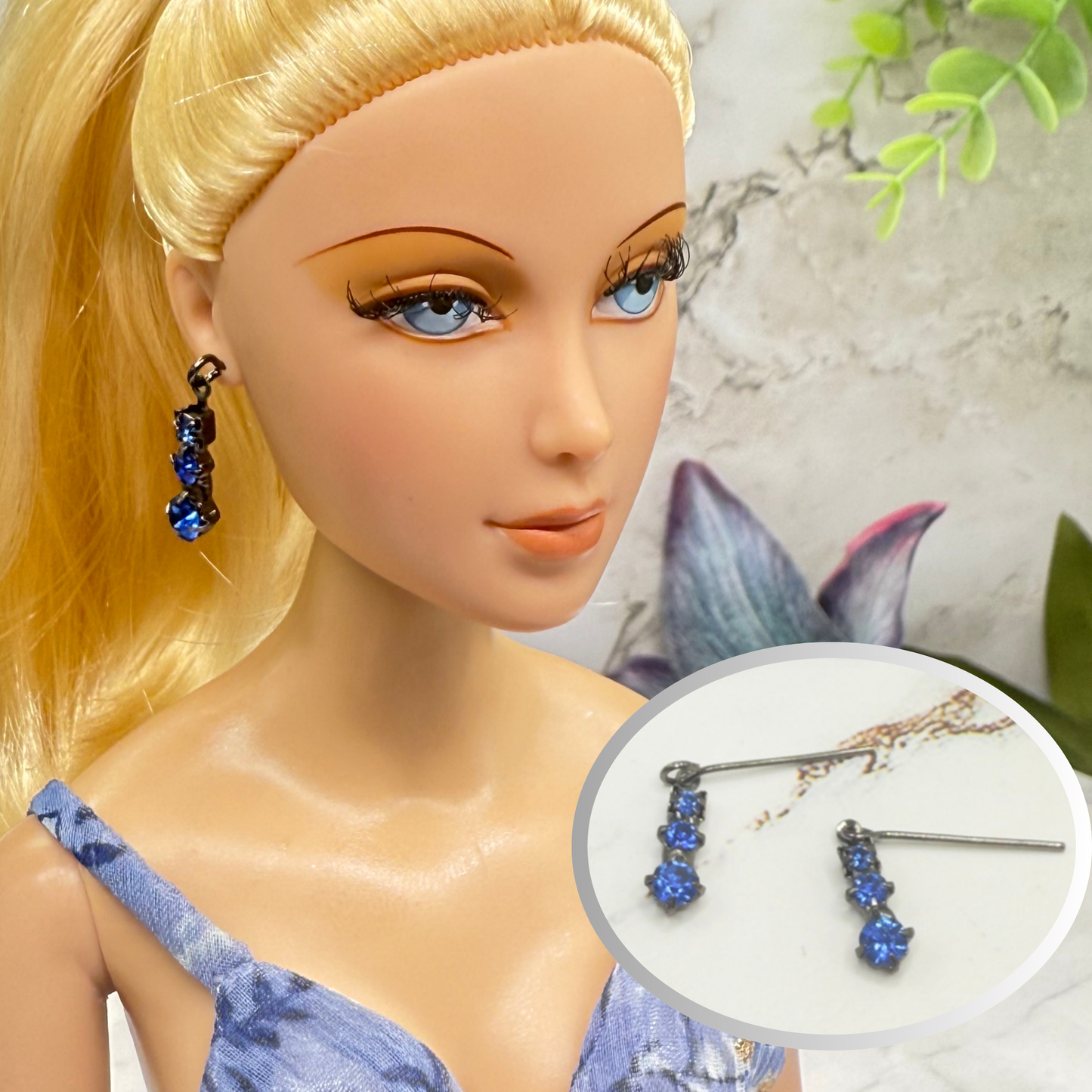 Blue Rhinestone Dangle Doll Earrings • 16 Inch Fashion Doll Jewelry