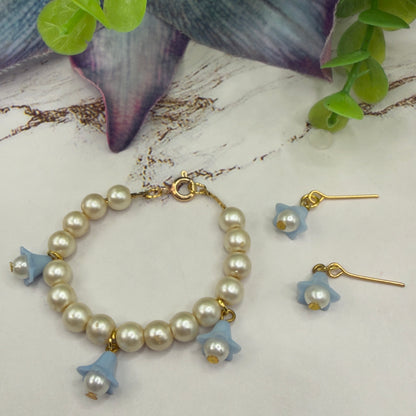Light Blue Bell Flower Dangle Pearl Beaded Doll Necklace & Earrings • 14 Inch Fashion Doll Jewelry