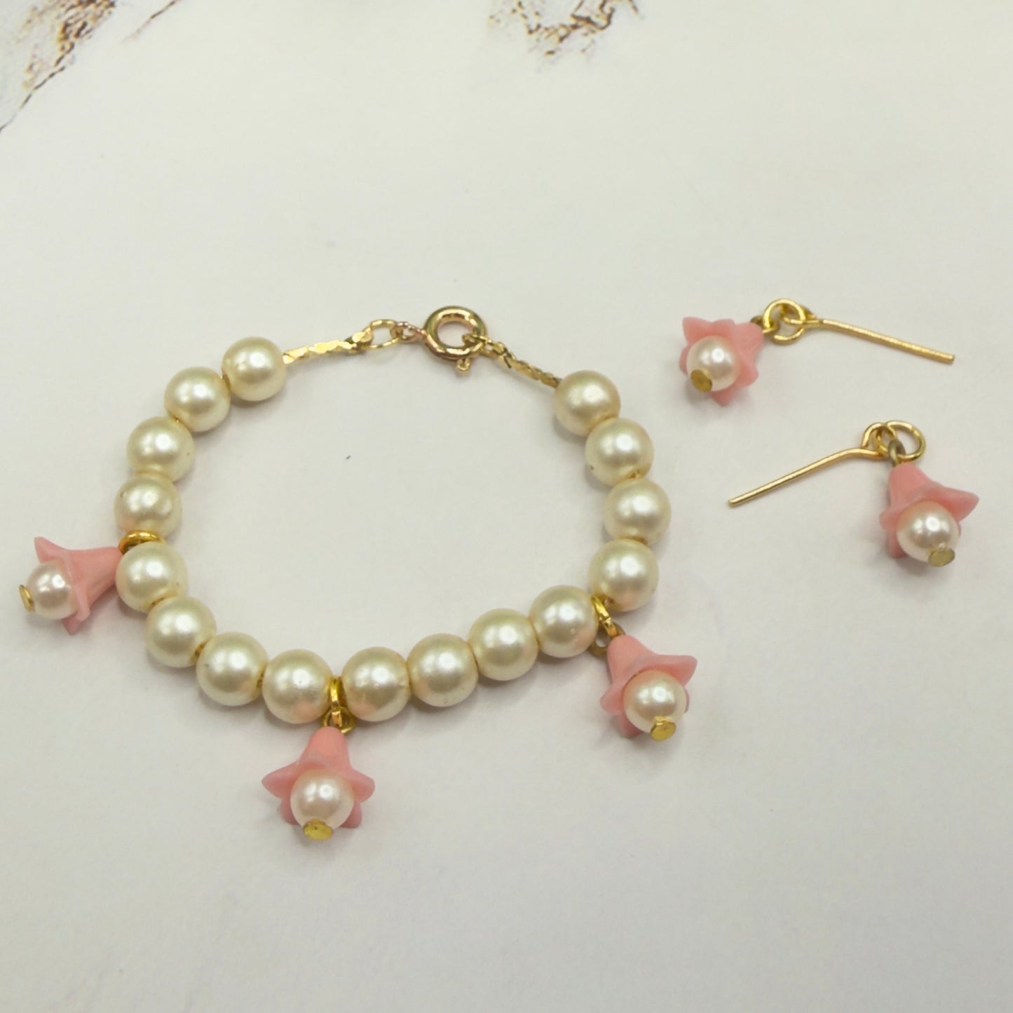 Light Pink Bell Flower Dangle Pearl Beaded Doll Necklace & Earrings • 14 Inch Fashion Doll Jewelry