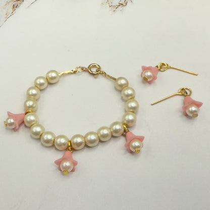 Light Pink Bell Flower Dangle Pearl Beaded Doll Necklace & Earrings • 14 Inch Fashion Doll Jewelry