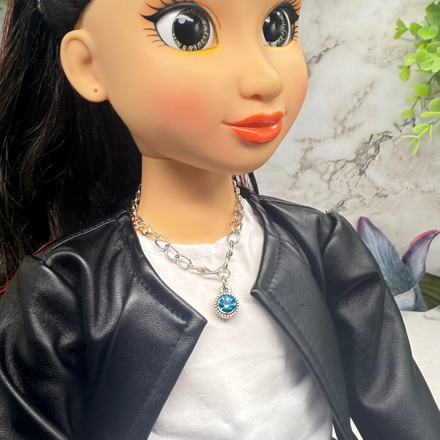 Round Turquoise Rhinestone Pendant Silver Link Doll Necklace • 18 Inch Fashion Doll Jewelry