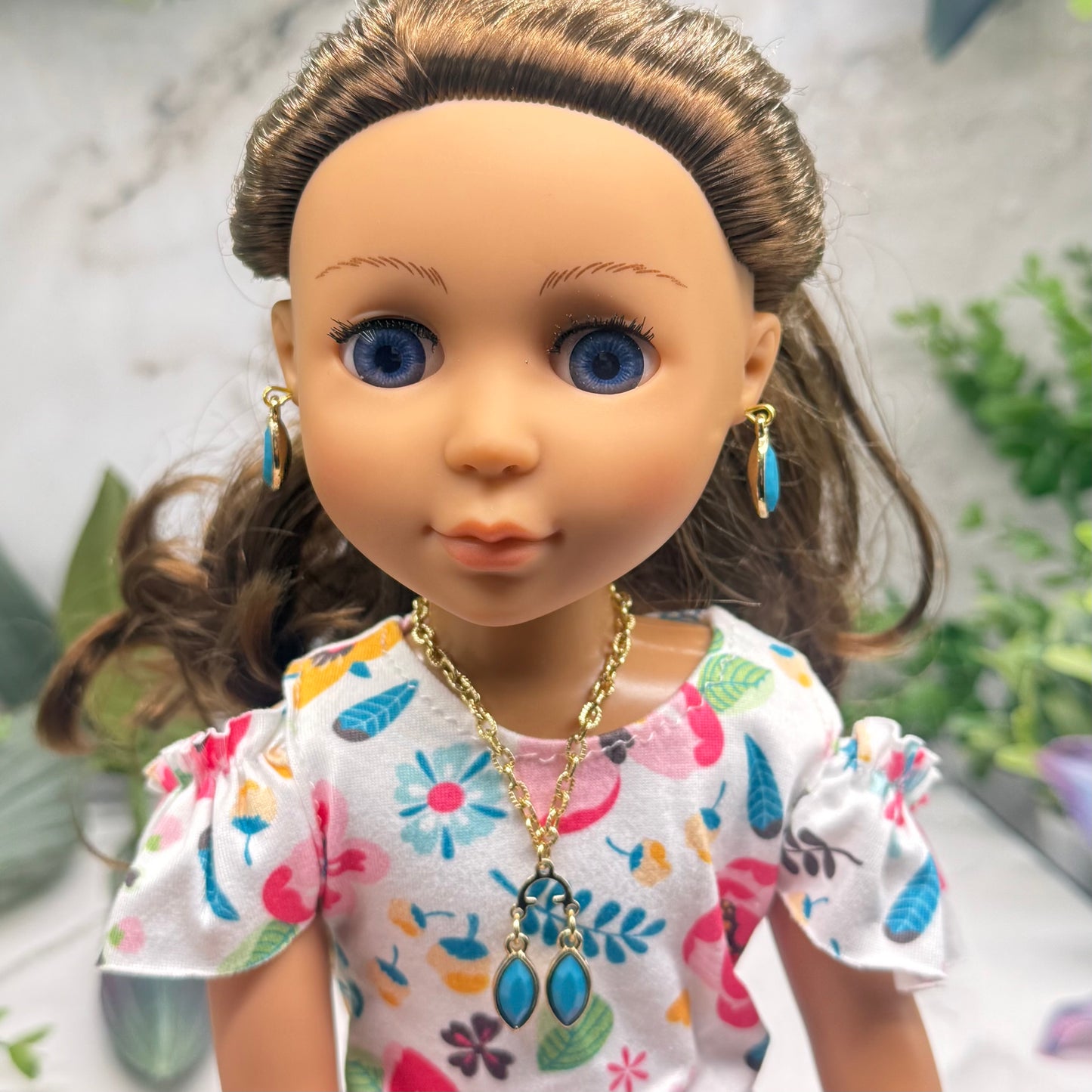 Turquoise Green Rhinestone Dual Pendant Gold Chain Dangle Doll Necklace & Earrings • 14 Inch Fashion Doll Jewelry