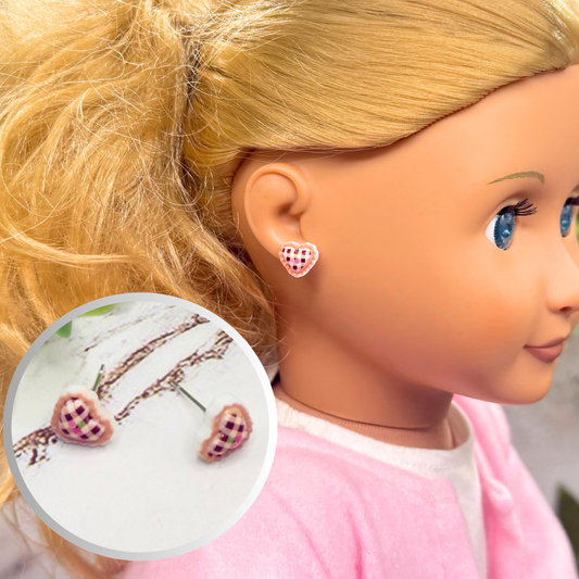 Beige Pink Lattice Design Heart Post Doll Earrings • 18 Inch Fashion Doll Jewelry