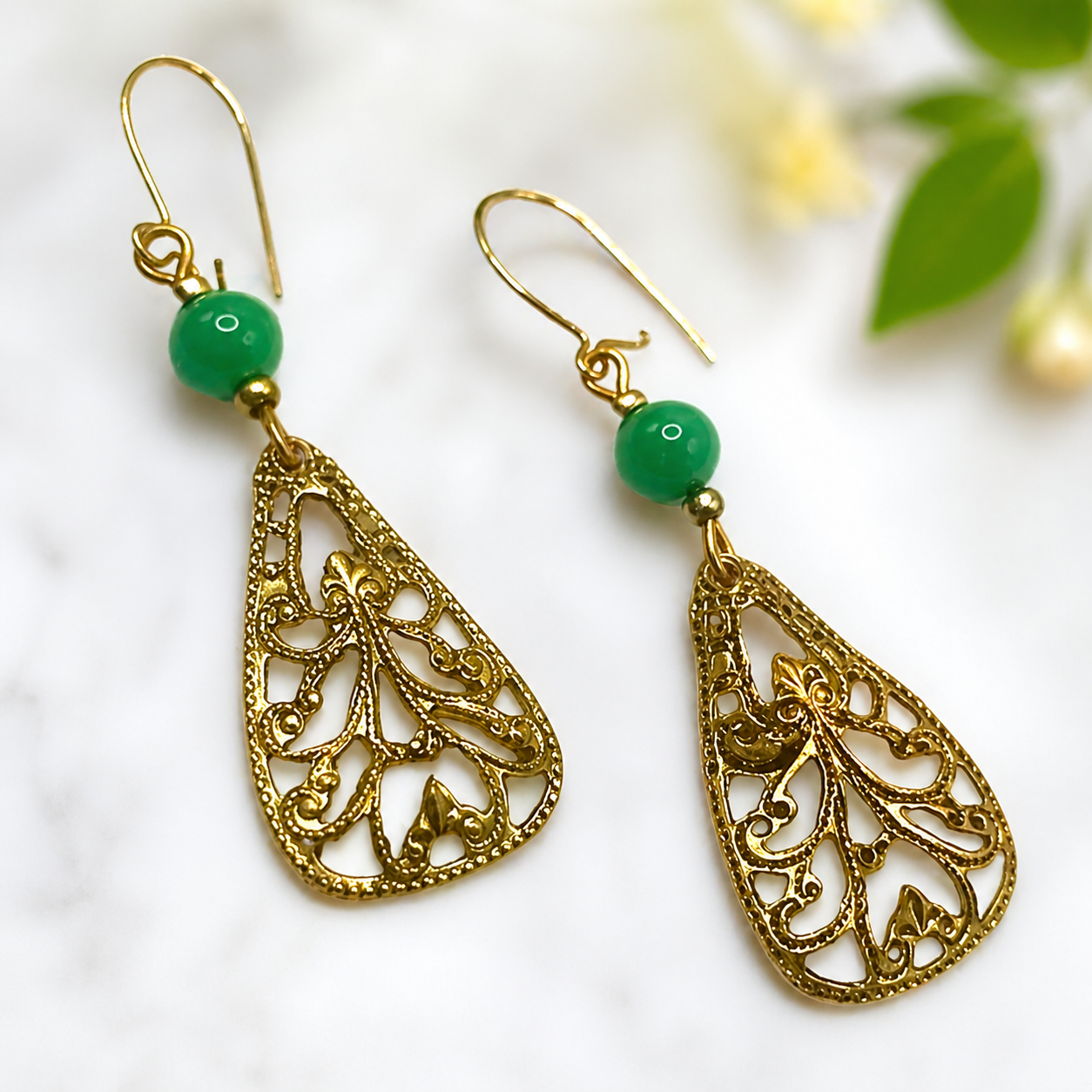 Gold Tone Filigree Design Green Glass Accent Dangle Earrings • Handmade Jewelry