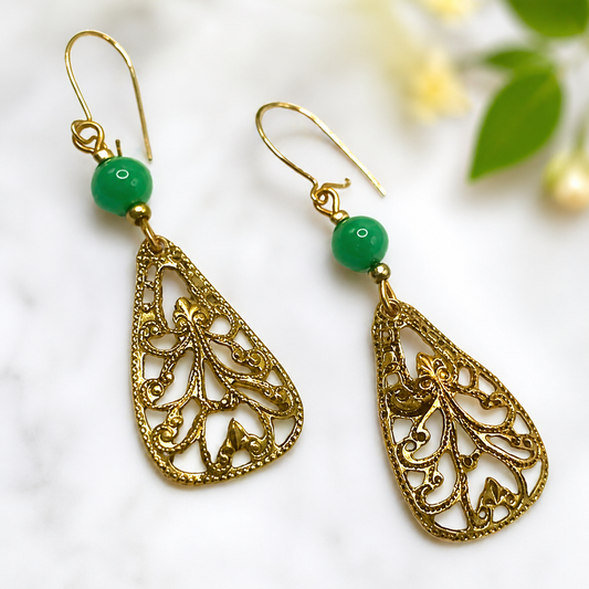 Gold Tone Filigree Design Green Glass Accent Dangle Earrings • Handmade Jewelry