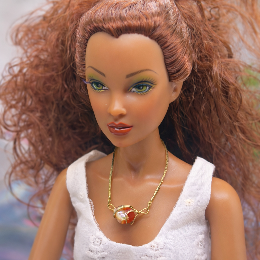 Wire Wrapped Orange White Stone Charm Gold Chain Doll Necklace • 16 Inch Fashion Doll Jewelry
