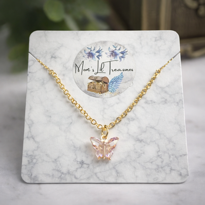 Light Pink Iridescent Acrylic Butterfly Charm Gold Doll Necklace for 16 Inch Fashion Dolls