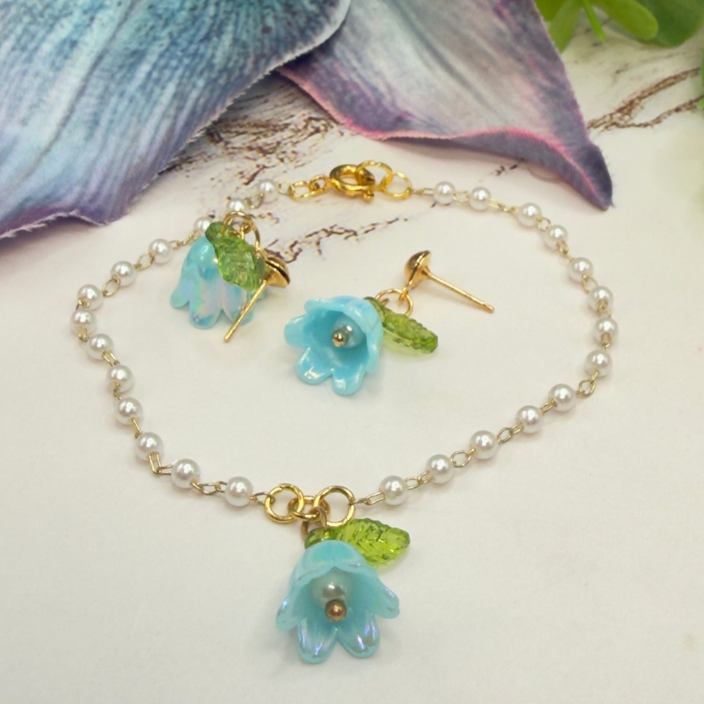Turquoise Blue Bell Flower Lily of Valley Charm Pearl Beaded Doll Necklace & Earrings • 18 Inch Fashion Doll Jewelry