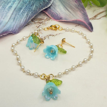 Turquoise Blue Bell Flower Lily of Valley Charm Pearl Beaded Doll Necklace & Earrings • 18 Inch Fashion Doll Jewelry