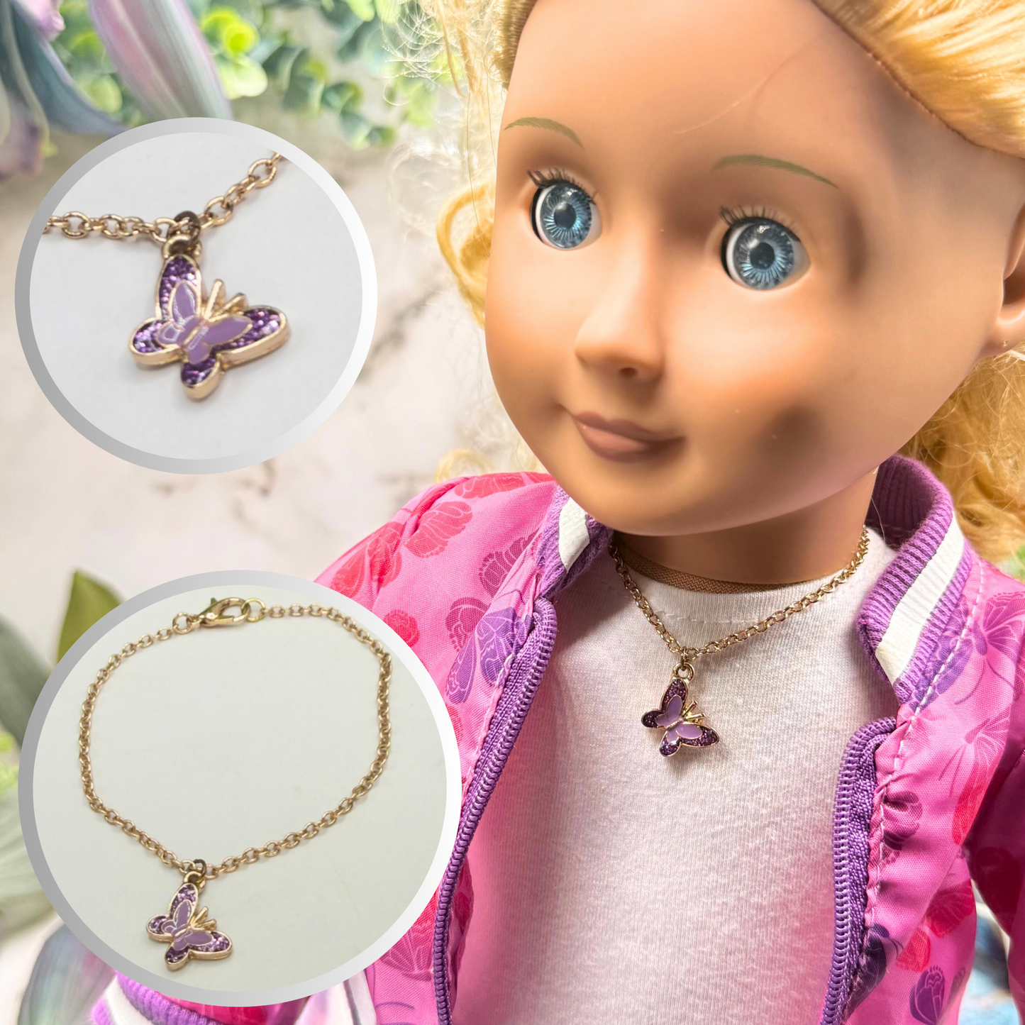Purple Enamel Butterfly Charm Gold Doll Necklace • 18 Inch Fashion Doll Jewelry