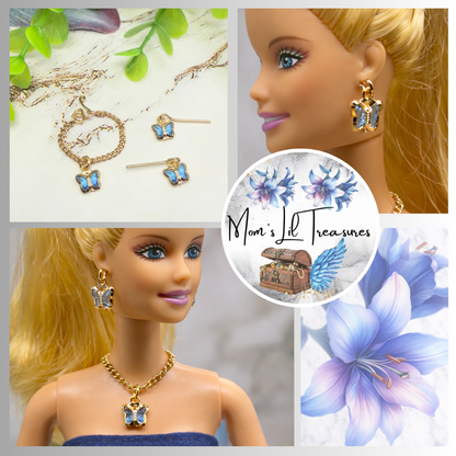 Blue Crystal Butterfly Charm Gold Chain Doll Necklace & Earrings • 10-12 Inch Fashion Doll Jewelry 1:6