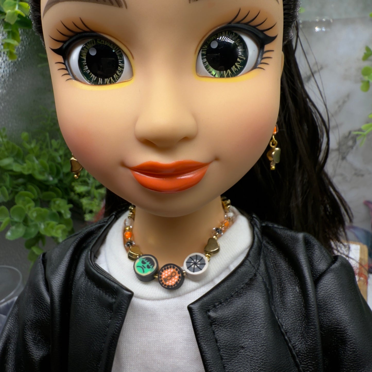 Halloween Boo Spider Web Frankenstein Acrylic Silicone Beaded Doll Necklace and Earrings Set • 18 Inch Fashion Doll Jewelry