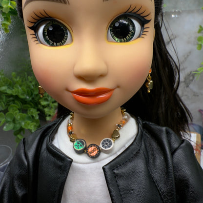 Halloween Boo Spider Web Frankenstein Acrylic Silicone Beaded Doll Necklace and Earrings Set • 18 Inch Fashion Doll Jewelry