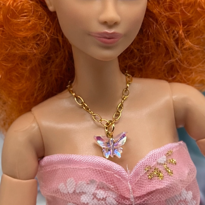 Light Pink Acrylic Butterfly Charm Gold Doll Necklace for 10-12 Inch Fashion Dolls 1:6