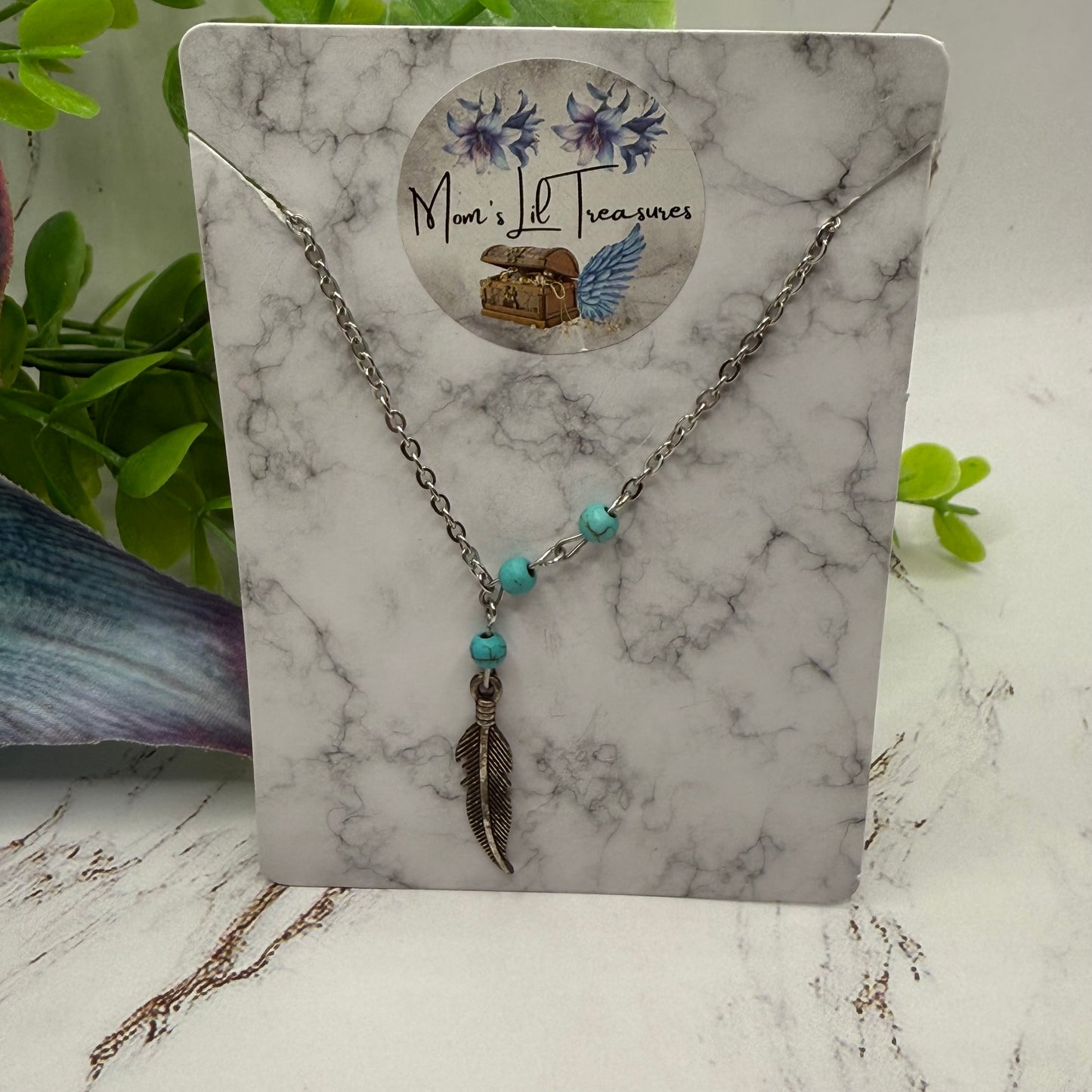 Turquoise Blue Beads Silver Feather Native Western Style Doll Necklace • 18 Inch Fashion Doll Jewelry