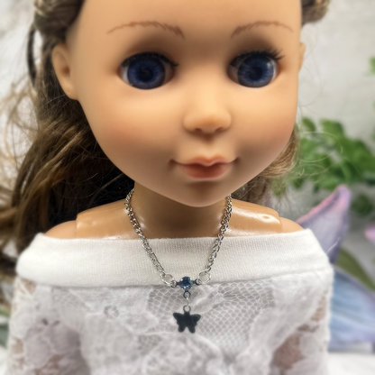 Silver Butterfly Blue Rhinestone Charm Doll Necklace • 14 Inch Fashion Doll Jewelry