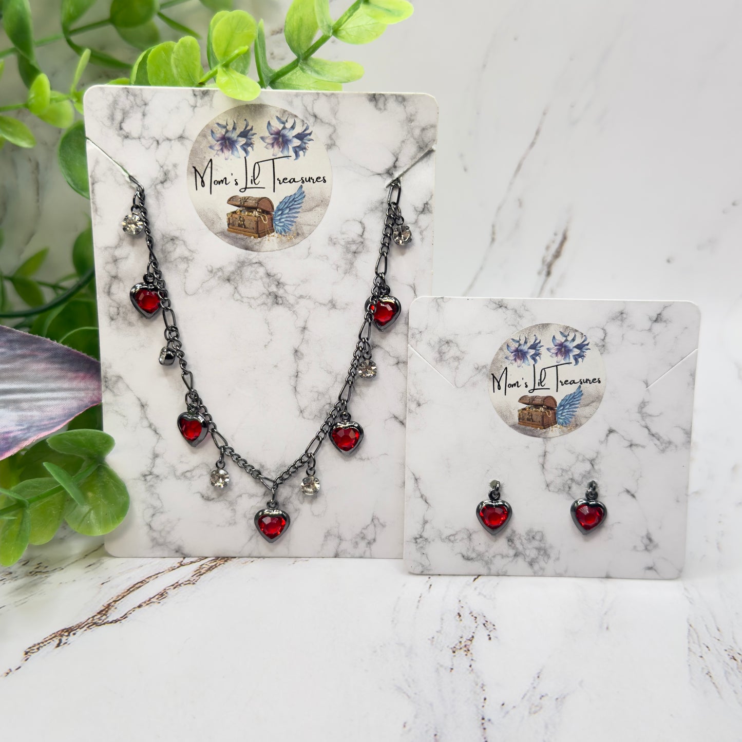 Red Rhinestone Heart Dangles Gunmetal Chain Doll Necklace & Earrings Set • 18 Inch Fashion Doll Jewelry