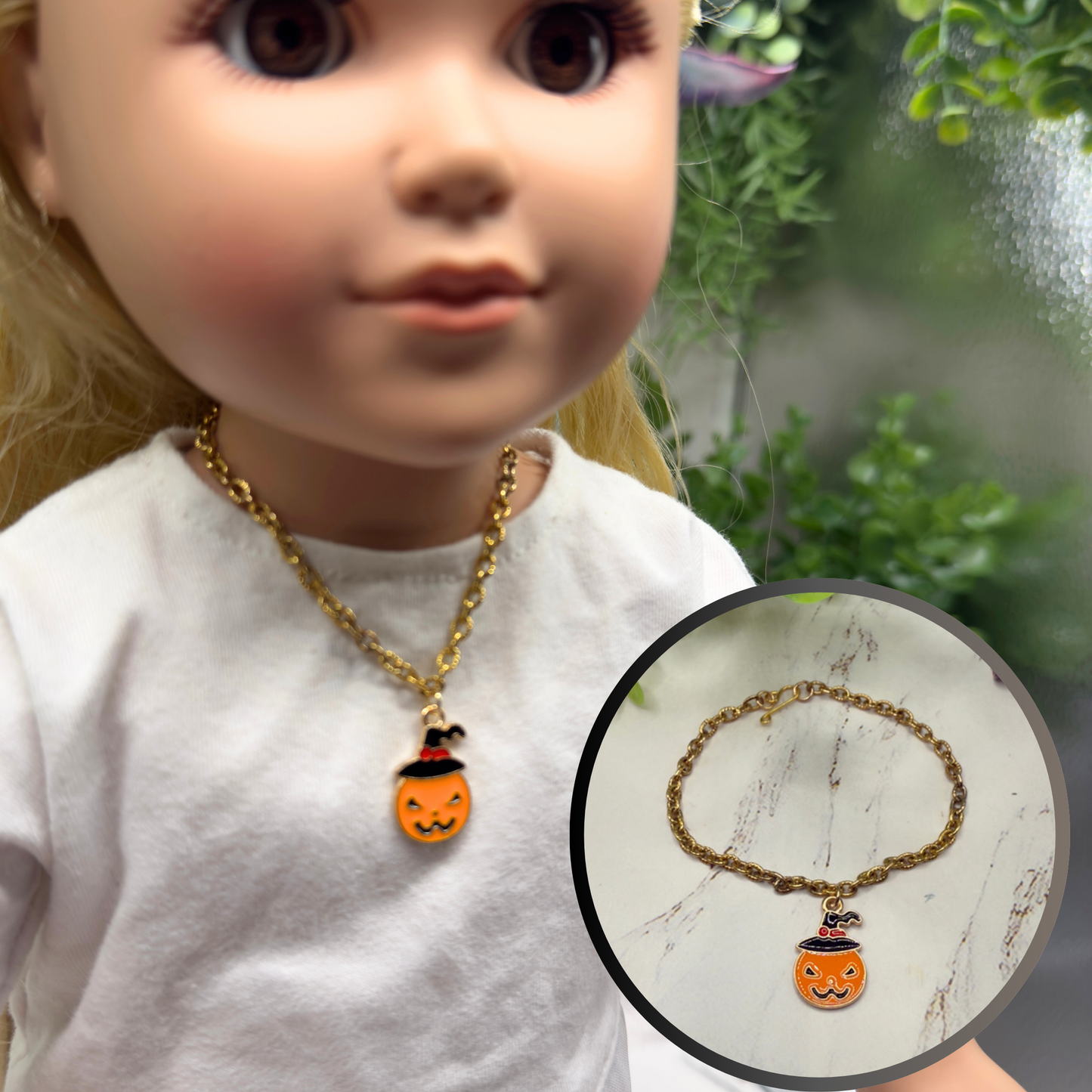 Jack-O-Lantern Halloween Pumpkin Charm Gold Chain Doll Necklace • 18 Inch Fashion Doll Jewelry