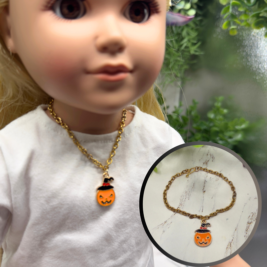 Jack-O-Lantern Halloween Pumpkin Charm Gold Chain Doll Necklace • 18 Inch Fashion Doll Jewelry