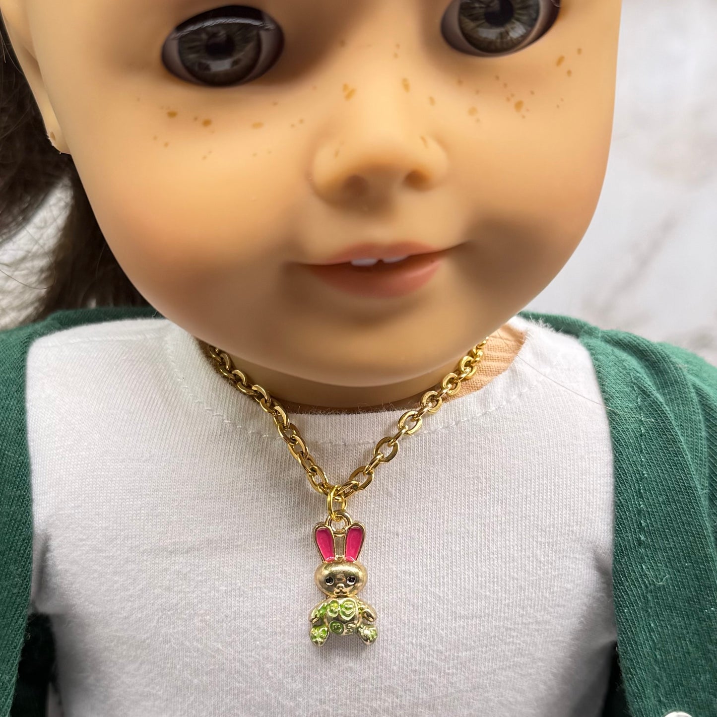 Bunny Pink & Green Enamel Detail Charm Doll Necklace Easter • 18 Inch Fashion Doll Jewelry
