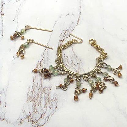 Light Green Brown Glass Dangle Doll Necklace Earrings Set • 16” Doll Jewelry