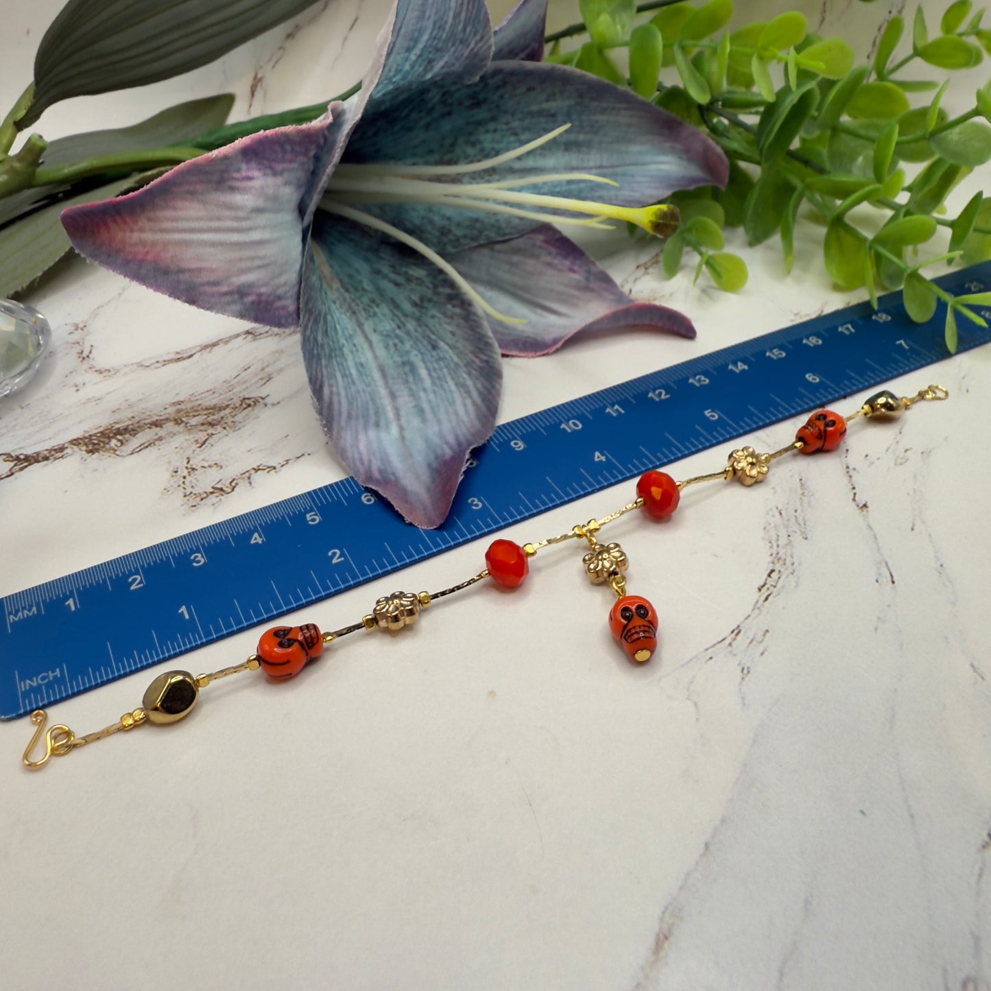 Red Skull Flower Charm Halloween Acrylic Beaded Gold Chain Doll Necklace and Earrings Set • 18 Inch Fashion Doll Jewelry