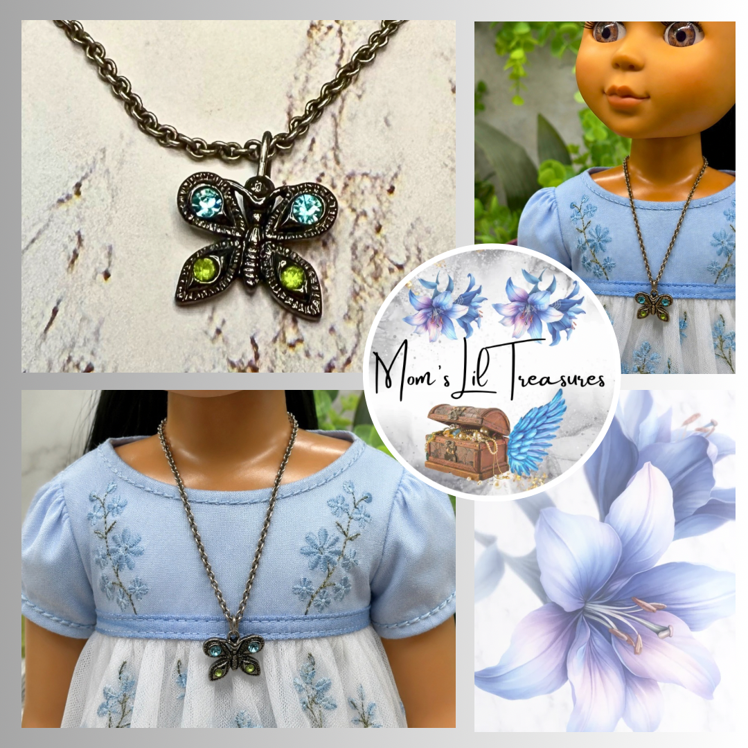 Butterfly Green Blue Rhinestone Pendant Gun Metal Silver Doll Necklace • 14 Inch Fashion Doll Jewelry