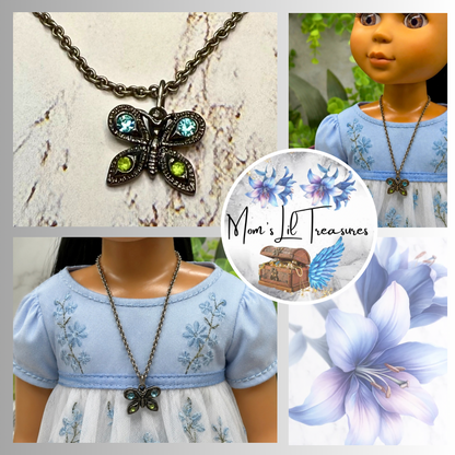 Butterfly Green Blue Rhinestone Pendant Gun Metal Silver Doll Necklace • 14 Inch Fashion Doll Jewelry