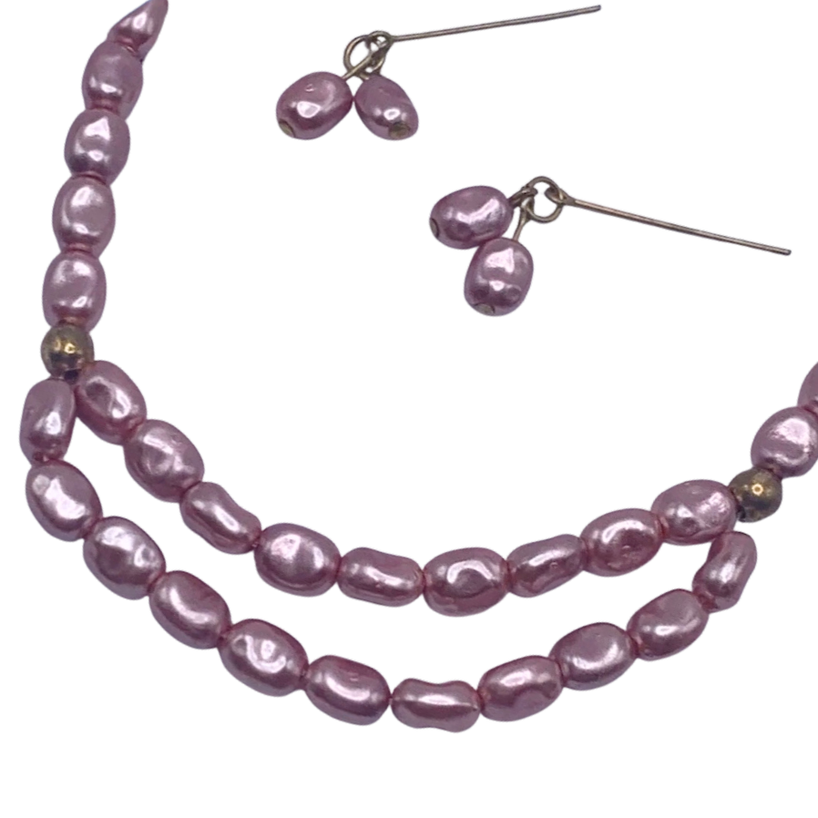Light Purple Pearl Doll Necklace Earring Set • 18-22 Inch Vintage Doll Jewelry