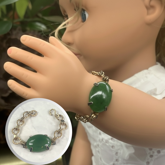 Green Glass Oval Pendant Gold Doll Bracelet • 18 Inch Fashion Doll Jewelry