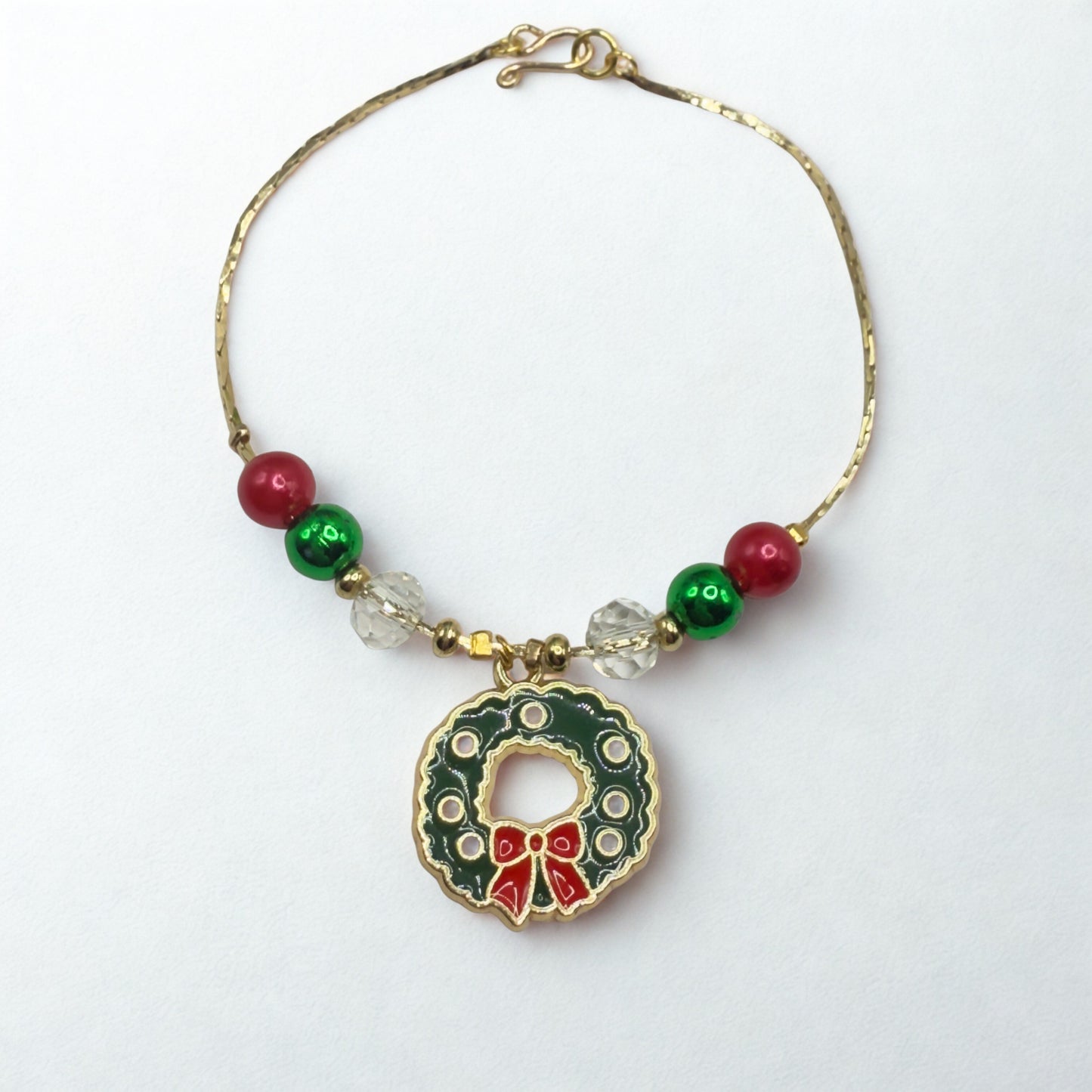 Christmas Wreath Charm Red Green Beaded Gold Doll Necklace • 18 Inch Fashion Doll Jewelry