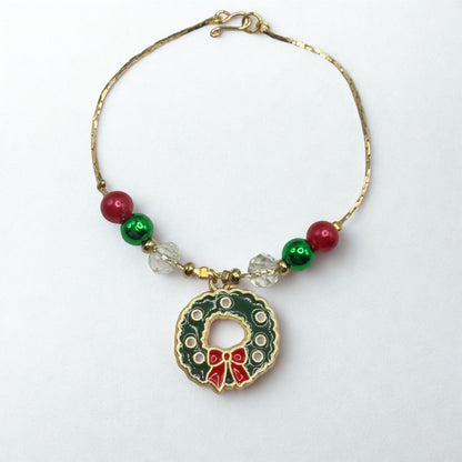 Christmas Wreath Charm Red Green Beaded Gold Doll Necklace • 18 Inch Fashion Doll Jewelry