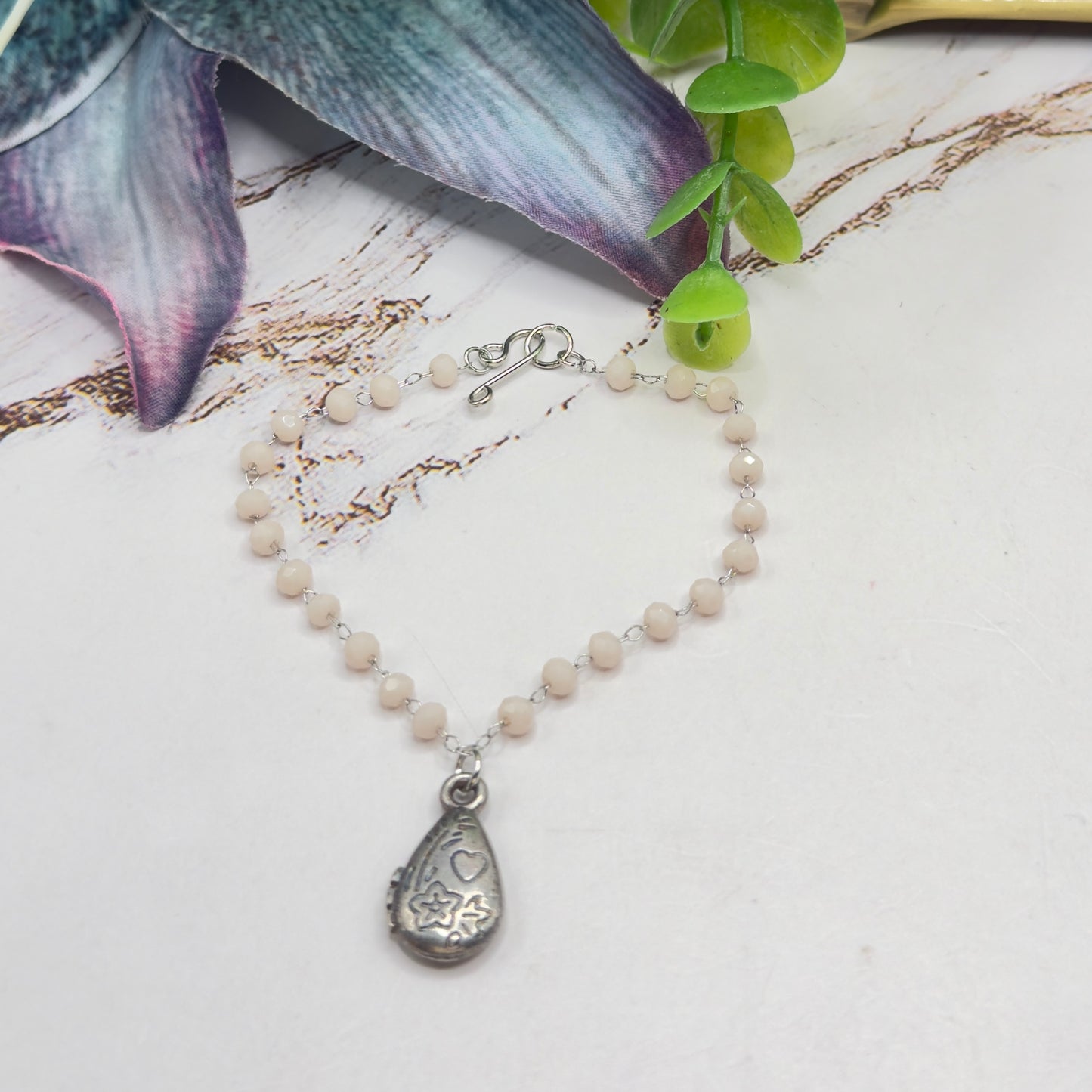Light Pink Beige Crystal Bead Chain Teardrop Charm Heart Flower Design Doll Necklace • 18 Inch Fashion Doll Jewelry