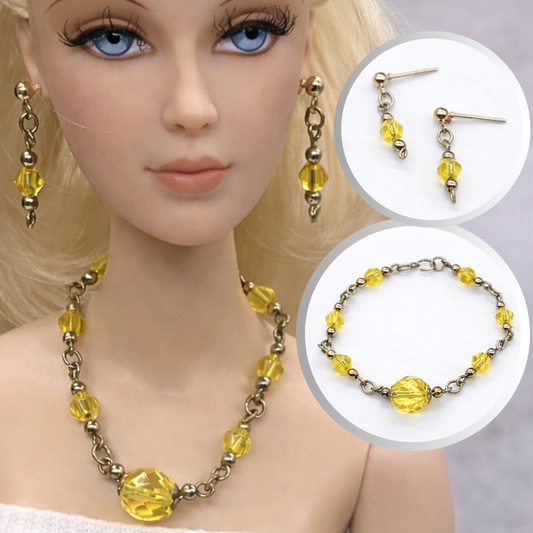 Light Yellow Glass Crystal Doll Necklace Earring Set • 16” Fashion Doll Jewelry