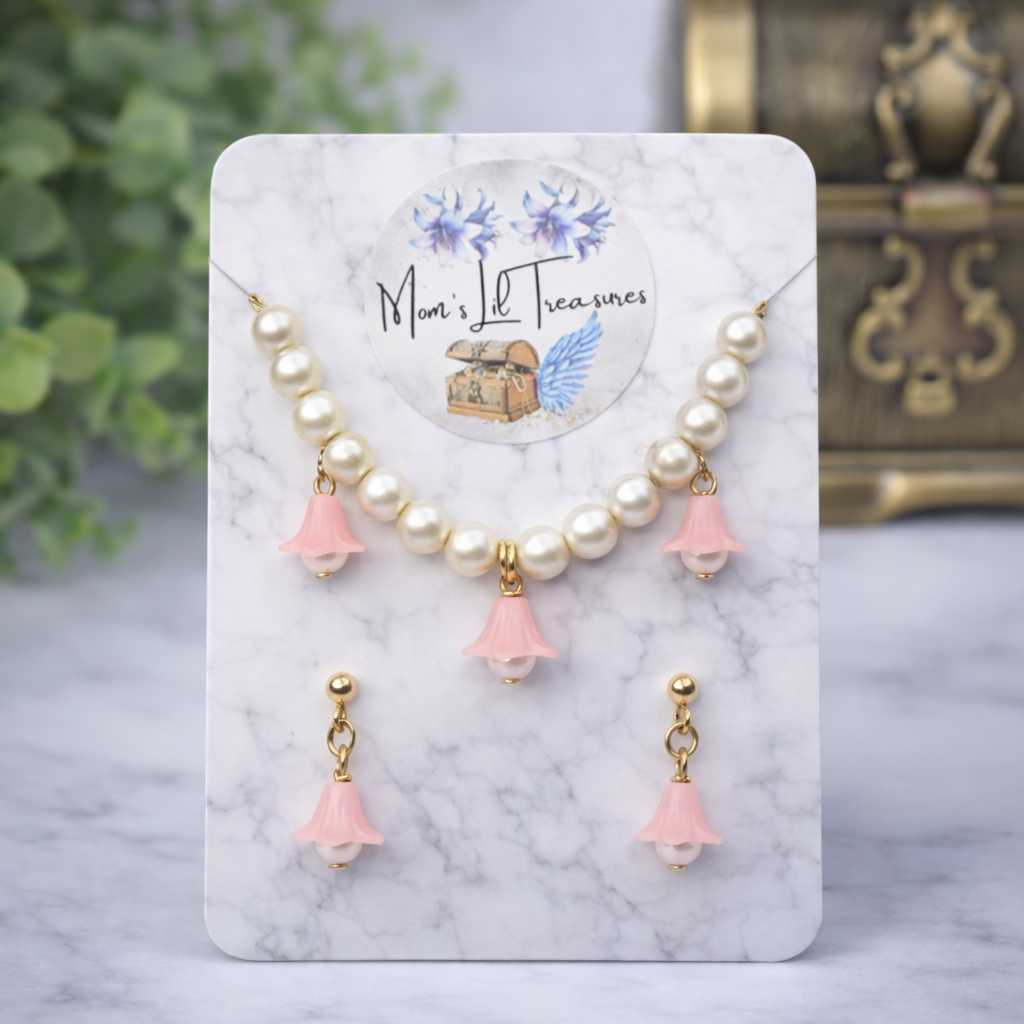 Light Pink Bell Flower Dangle Pearl Beaded Doll Necklace & Earrings • 14 Inch Fashion Doll Jewelry