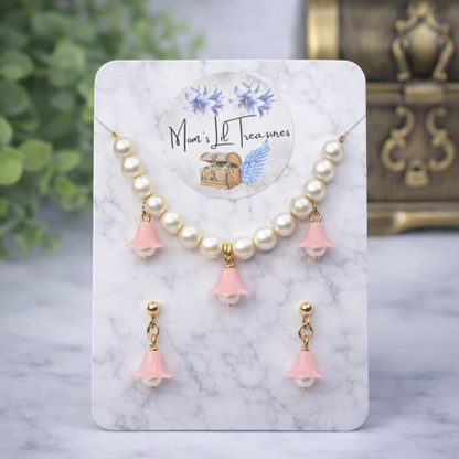 Light Pink Bell Flower Dangle Pearl Beaded Doll Necklace & Earrings • 14 Inch Fashion Doll Jewelry