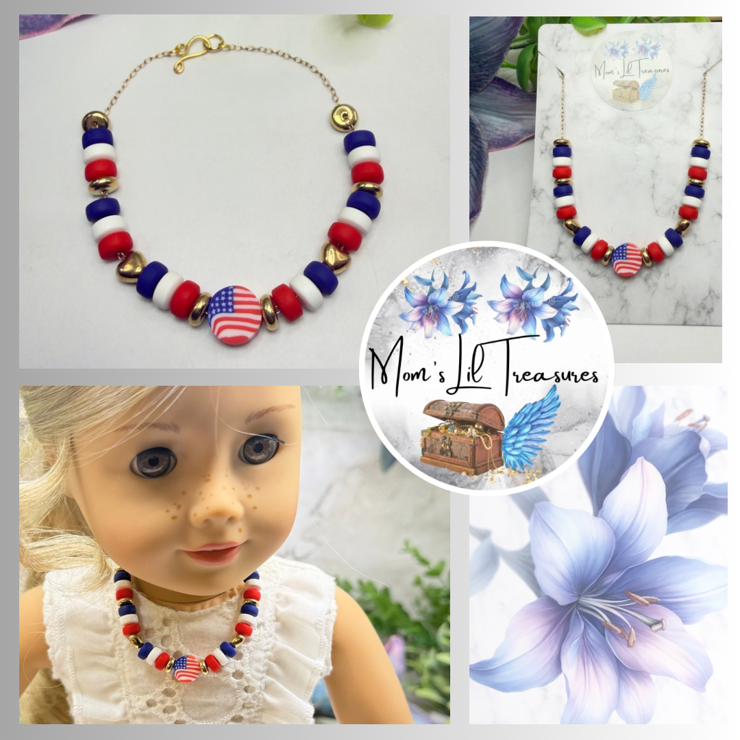 Red White Blue Beaded American Flag Charm Doll Necklace for 18 Inch Fashion Doll