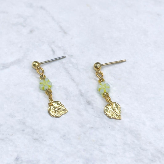 Light Green Flower Gold Leaf Dangle Doll Earrings for 18 Inch Doll Jewelry