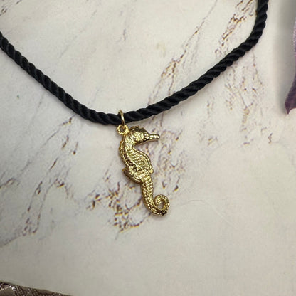 Gold Seahorse Pendant Black Fabric Cord Doll Necklace • 18 Inch Fashion Doll Jewelry
