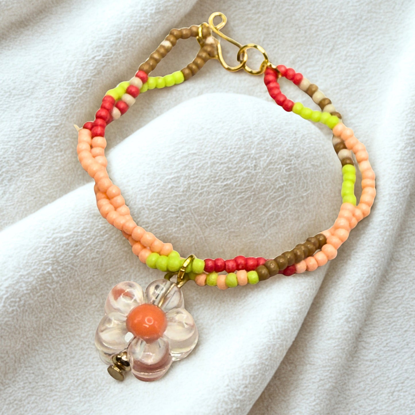Clear Flower Charm Pink Green Coral Brown Beaded Doll Necklace • 14 Inch Fashion Doll Jewelry