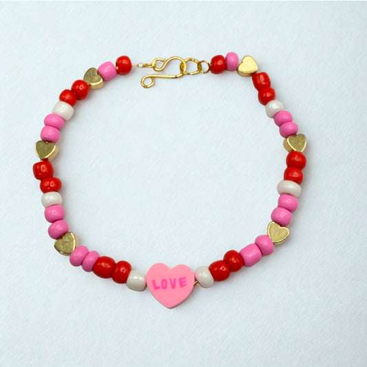 Pink Red White Beaded Love Heart Valentine’s Day Necklace • 18 Inch Fashion Doll Jewelry