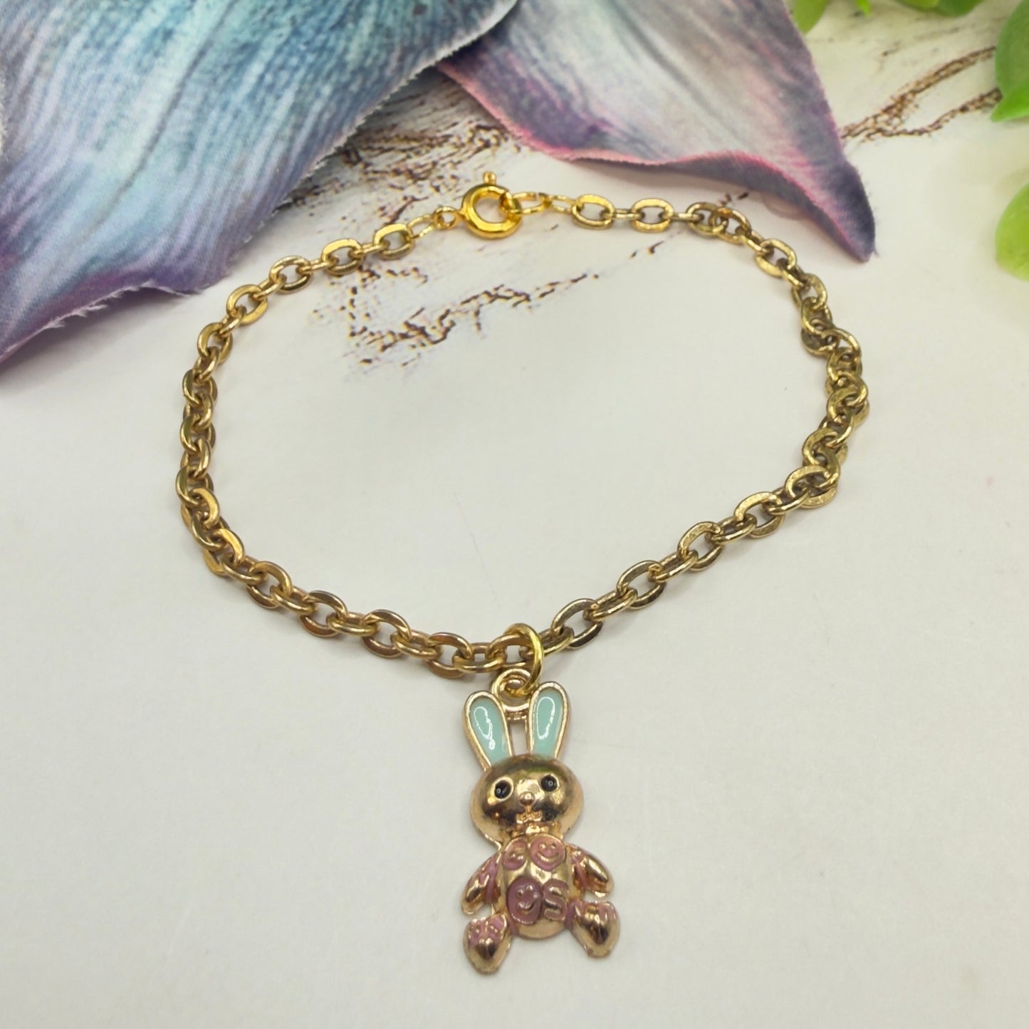 Bunny Blue & Purple Enamel Detail Charm Doll Necklace Easter • 18 Inch Fashion Doll Jewelry