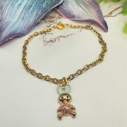 Bunny Blue & Purple Enamel Detail Charm Doll Necklace Easter • 18 Inch Fashion Doll Jewelry