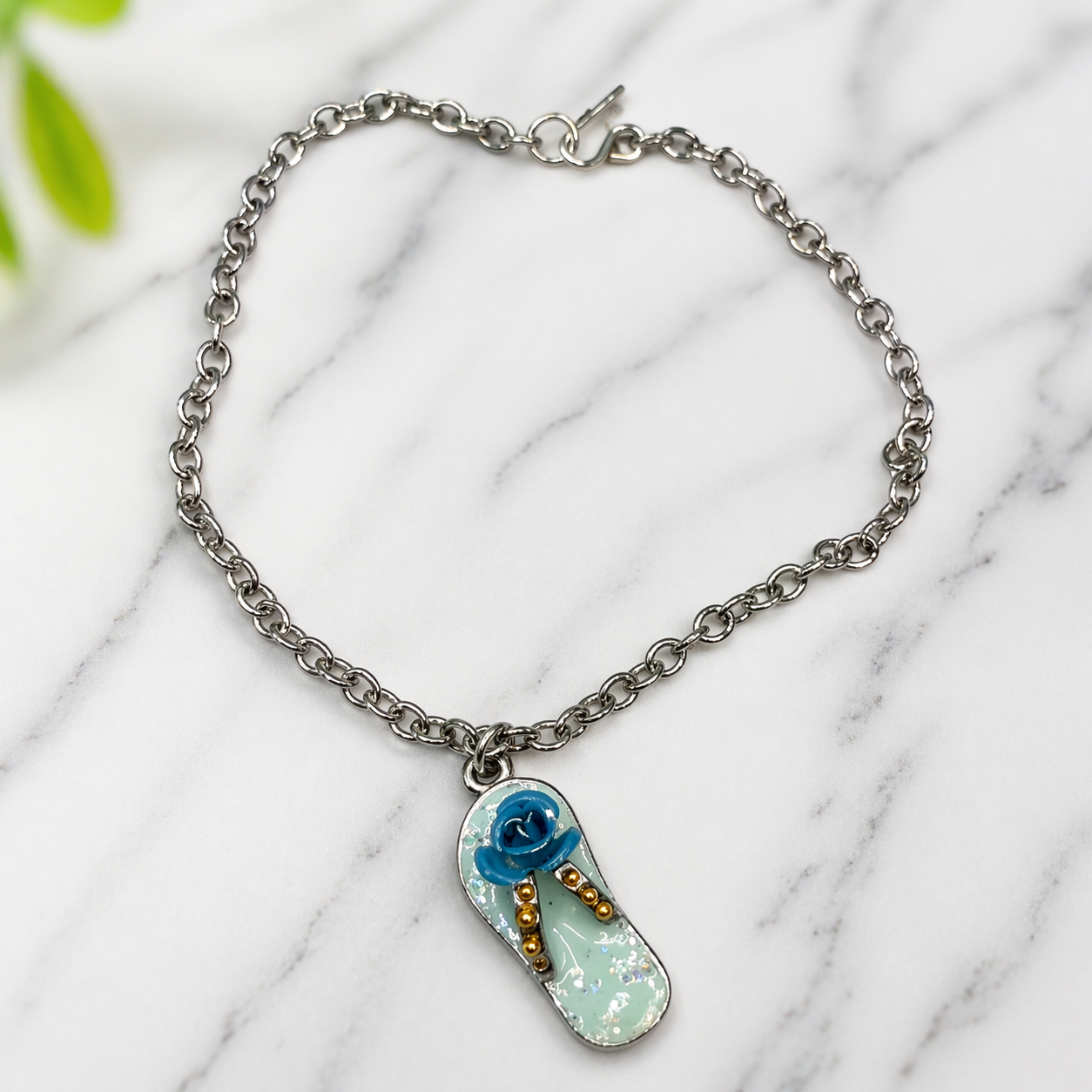 Blue Flip Flip Sandal Rose Accent Charm Silver Doll Necklace for 18 Inch Fashion Doll Jewelry