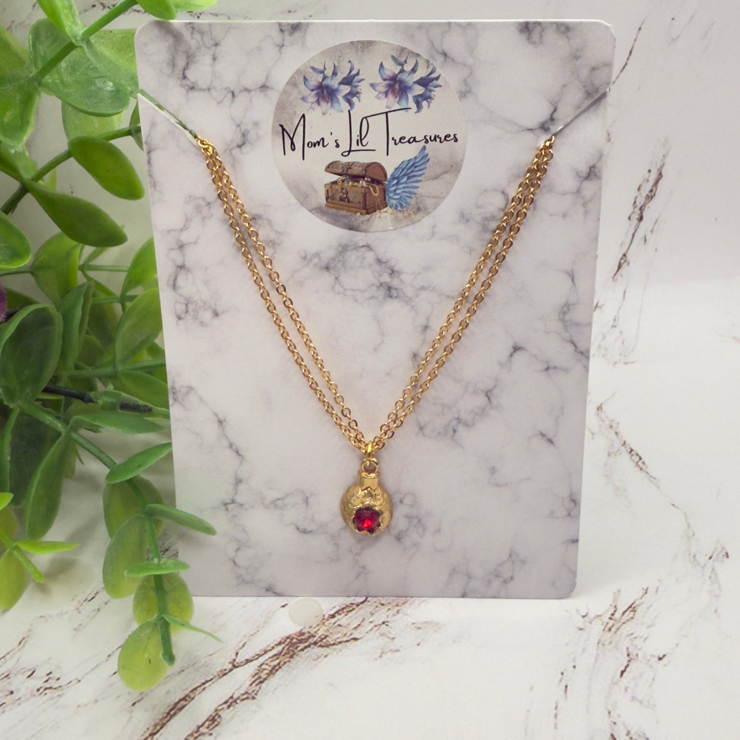 Gold Christmas Ornament Charm Red Rhinestone Doll Necklace • 18 Inch Fashion Doll Jewelry