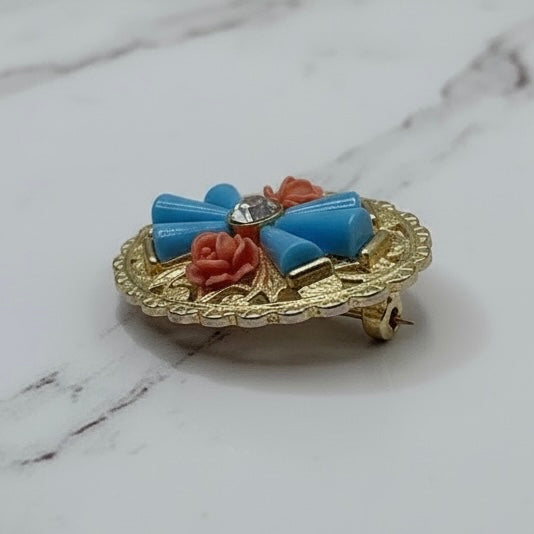 Gold Tone Oval Filigree Blue & Coral Rose Accents Pin • Doll Brooch